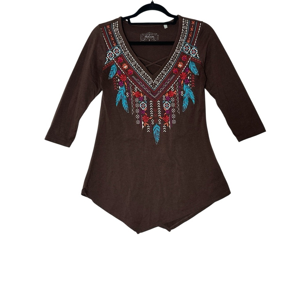 Panhandle Womens Top Small Brown Floral Embroidered Long Sleeve Rodeo Cowgirl